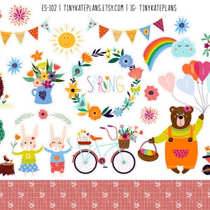 May include: A set of colorful spring-themed clipart featuring a hedgehog, bunnies, a bear, a bicycle, a wreath, flowers, a rainbow, and a cloud. The text "HELLO" and "SPRING" are included in the design.