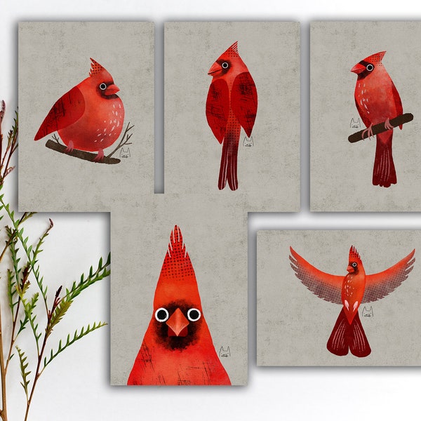 Northern Cardinal Postcard Set, Colorful Red Bird Postcards, Penpal Colorful Cardinal Bird Stickers, Watercolor Bird Art Prints. SBC-106