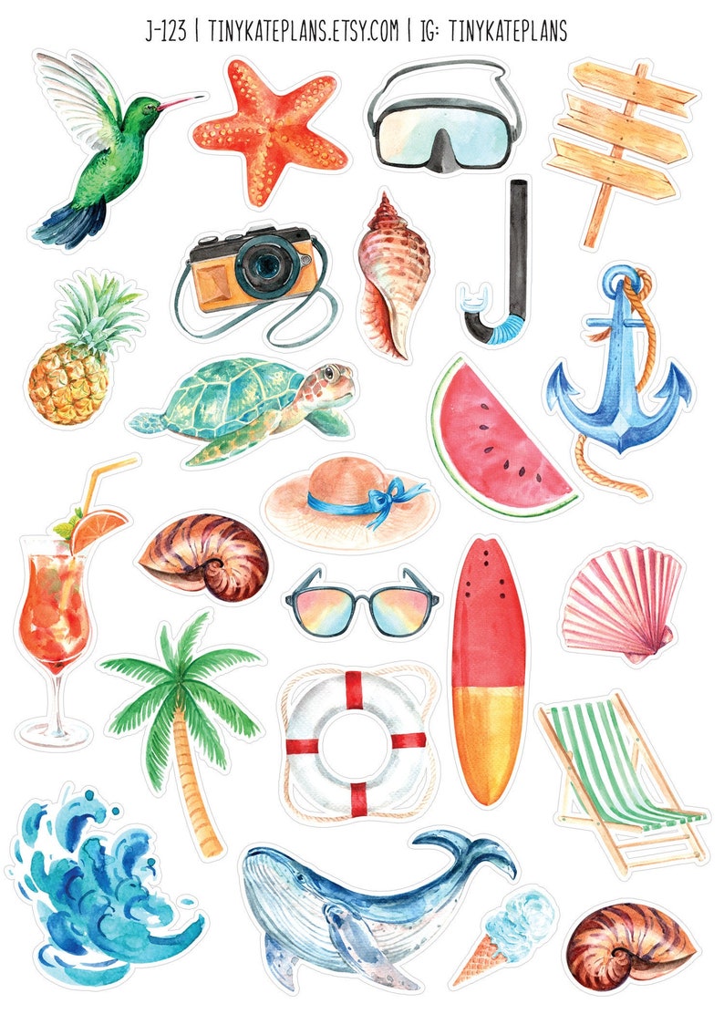 Watercolor Beach Sea Vacation Elements Planner Stickers Tiny - Etsy