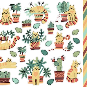 Funny Cats With Plants Planner Stickers, Cat Lover Planner Stickers, Cat Stickers, Bullet Journal Stickers, Funny Cats Bujo Stickers. A-138.