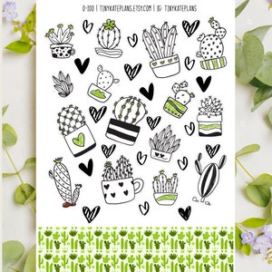 Conjunto de pegatinas de Cacti Doodle Planner, pegatinas de planificador, conjunto de pegatinas mensuales, pegatinas de planificador de diario de balas, pegatinas de Bujo Cacti. J-106.