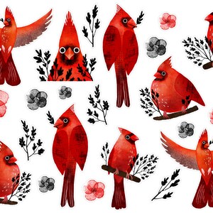 Puede incluir: Un conjunto de pegatinas digitales con ilustraciones de acuarela de cardenales rojos con ramas negras y flores rosas. Las pegatinas son perfectas para agregar un toque de naturaleza a tus proyectos digitales.