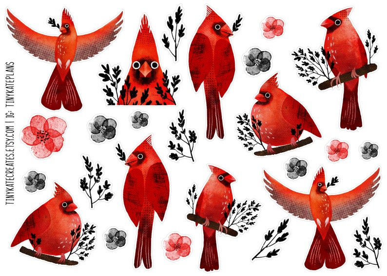 Puede incluir: Un conjunto de pegatinas digitales con ilustraciones de acuarela de cardenales rojos con ramas negras y flores rosas. Las pegatinas son perfectas para agregar un toque de naturaleza a tus proyectos digitales.
