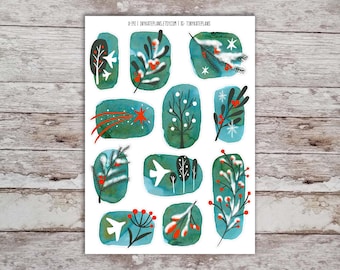 May include: A sheet of stickers featuring watercolor illustrations of winter-themed elements. The designs include trees, branches with red berries, shooting stars, and flying birds, all set against a teal background. The text "tinykateplans.etsy.com" is visible.