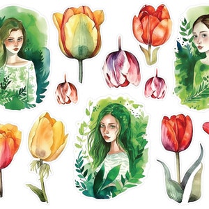 Adesivi ragazza natura verde per diari spazzatura, adesivi per album di ragazze estive, adesivi da donna, adesivi floreali a tulipano, adesivi da donna. J-192