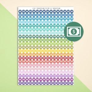 Op de afbeelding: Een vel plannerstickers met camera-iconen in verschillende kleuren. Een groene cirkel met een dollarteken is ook inbegrepen. De tekst "E-DP | tinykateplans.etsy.com | IG: tinykateplans" staat bovenaan.