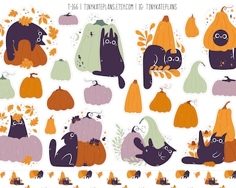 Black Cats And Pumpkins Planner Stickers, Halloween Planner Stickers, Cute Black Cats Stickers, Cats Bullet Journal Planner Stickers, T-166