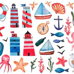 Lindas pegatinas del planificador de elementos marinos de verano, pegatinas del planificador del faro, conjunto de pegatinas del mar, pegatinas del diario de balas náuticas de acuarela. J-150