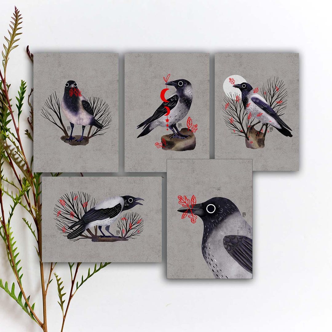 Hooded Crow Postcard Set, Colorful Bird Postcard, Watercolor Bird ...