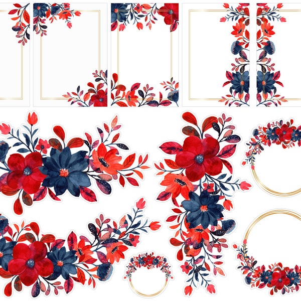 Red & Blue Floral Planner Stickers, Tiny Flower Planner Stickers, Botanical Planner Stickers, Red Flower Bujo Planner Stickers. J-176