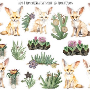 Ensemble d'autocollants mignons fennec, renard et cactus, autocollants renard, autocollants mignons animaux du désert, autocollants bujo animal, autocollants renard. A-196