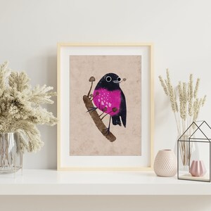 Pink Robin Art Print, Cute Pink Bird Art Print, Colorful Bird Art Print, Pink Robin Illustration Print, Pink Robin Art Wall Decor. AP-110