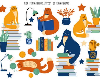 Könnte beinhalten: Ein Set mit 10 bunten Katzenaufklebern, die Katzen zeigen, die Bücher lesen, mit Garn spielen und auf Stapeln von Büchern sitzen. Die Aufkleber sind perfekt, um Ihrem Planer, Laptop oder Ihrer Wasserflasche einen Hauch von Verspieltheit zu verleihen.