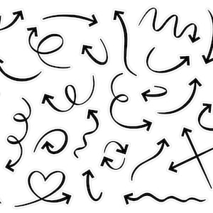 May include: A set of 20 black and white doodle arrows. The arrows are hand-drawn and have a variety of styles, including curved, straight, and wavy. The arrows are perfect for adding a touch of whimsy to any project.