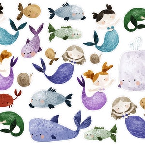Lindas pegatinas del planificador de sirenas, pegatinas de álbumes de recortes para niñas de verano, pegatinas de sirenas y peces, pegatinas coloridas de Bujo de sirena. J-204