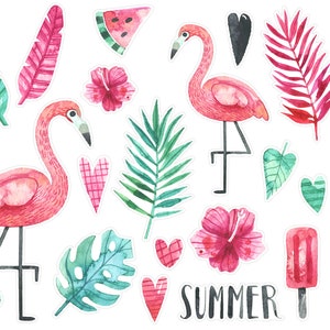 Stickers flamants roses colorés, stickers oiseaux tropicaux, stickers oiseaux colorés, stickers Bujo flamants roses mignons. A-206