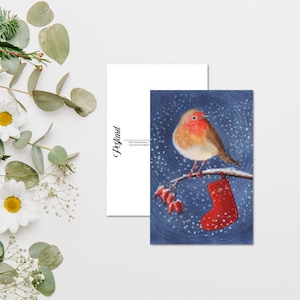 Carte postale aquarelle Noël rouge-gorge, impression de carte postale animal pour les traversées, carte postale Robin penpal, cartes postales fantaisistes d'oiseaux d'hiver. AC-109
