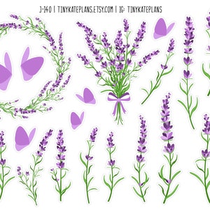Paarse lavendelbloemen & vlinders Planner Stickers, Tiny Floral Planner Stickers, Botanische Planner Stickers. Paarse Bujo-sticker. J-140