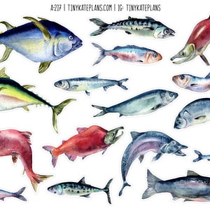 Watercolor Ocean Fish Planner Stickers, Cute Fish Stickers, Sea Animal Scrapbooking Stickers, Watercolor Salmon  Fish Penpal Stickers. A-217