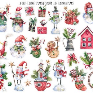 Stickers Bonhommes de neige Joy, Aquarelle Animal, Stickers Hiver douillet, Sticker Bullet Journal Sapin de Noël. X-181