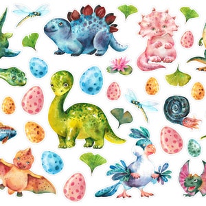 May include: A set of colorful watercolor dinosaur stickers featuring a variety of dinosaurs, including a green stegosaurus, a blue brachiosaurus, a pink triceratops, a green pterodactyl, and a green tyrannosaurus rex. The stickers also include eggs, dragonflies, and leaves.