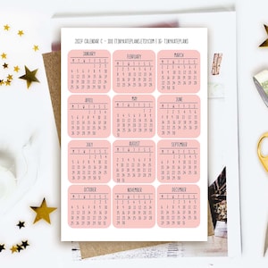 May include: A 2027 calendar sticker sheet with a pink and white design. Each month is displayed in a separate pink box. The sheet is surrounded by gold stars, a gold pair of scissors, and a roll of washi tape.