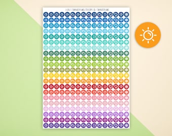 May include: A sheet of colorful weather stickers with a rainbow of colors. The stickers feature different weather icons, including sun, clouds, rain, snow, and moon. The stickers are perfect for planners, journals, and calendars.