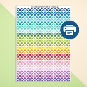 May include: A sheet of printable planner stickers featuring a printer icon. The stickers are in a rainbow of colors, including blue, green, yellow, orange, red, pink, purple, and teal.