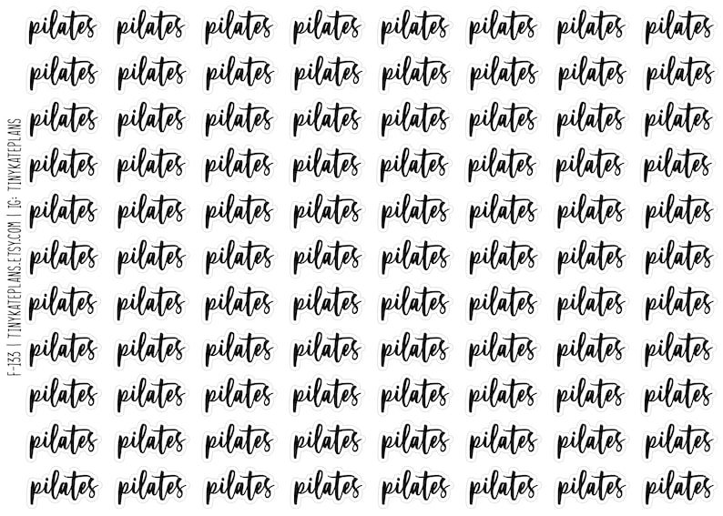 May include: A sheet of 48 black and white "pilates" stickers. The stickers are arranged in 8 rows of 6 stickers each.