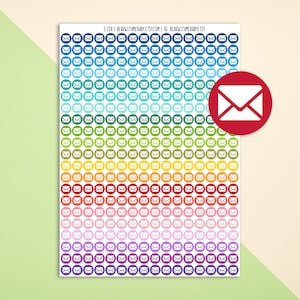 May include: A sheet of 128 colorful envelope stickers. The stickers are arranged in rows of 16, with each row featuring a different color. The colors range from blue to green, yellow, orange, red, pink, purple, and blue. Each sticker features a white envelope icon.