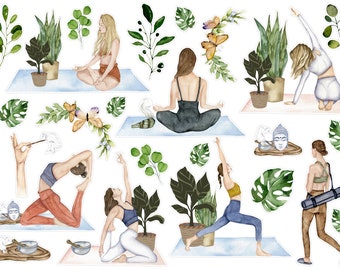 May include: A set of digital stickers featuring watercolor illustrations of women practicing yoga poses, plants, and other wellness-themed elements. The stickers are perfect for adding a touch of mindfulness and serenity to your digital planner, journal, or other digital projects.
