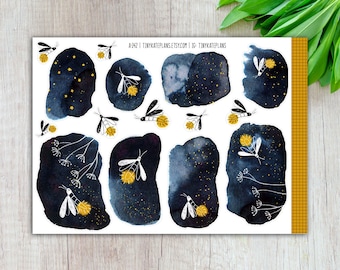 Fireflies At Dusk Planner Stickers, Insect Planner Stickers, Cute Firefly Stickers, Flying Fireflies On Blue Background. A-242
