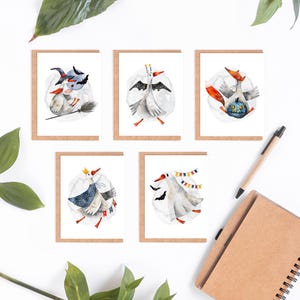 Conjunto de 5 ou 10 cartões de gansos de Halloween, cartões de arte de pássaros, cartão de felicitações de ganso, cartão dobrado de ganso de 5,5 x 4,25 ou 5 x 7 polegadas, cartão caprichoso. CU-101