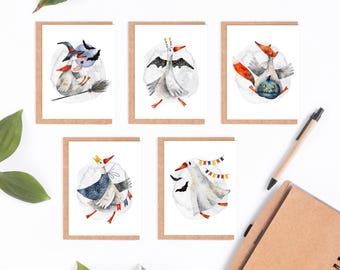 Conjunto de 5 ou 10 cartões de Halloween com gansos, cartões artísticos com pássaros, cartão de felicitações com ganso, cartão dobrável de 14 x 10,8 cm ou 12,7 x 17,8 cm, cartão divertido. CU-101