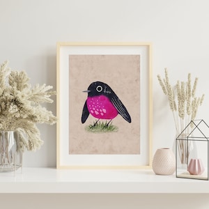 Pink Robin Art Print, Cute Pink Bird Art Print, Colorful Bird Art Print, Pink Robin Illustration Print, Pink Robin Art Wall Decor. AP-110