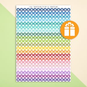 May include: A sheet of colorful circle stickers with a white gift box icon on each sticker. The stickers are arranged in rows of 10, with each row featuring a different color. The colors are blue, teal, green, yellow, orange, red, pink, purple, and lavender. The sheet is labeled "E-106 | TINYKATEPLANS.ETSY.COM TINYKATEPLANS".