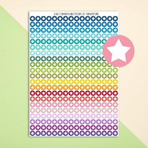 May include: A sheet of colorful star stickers with a white star in the center of each circle. The sheet has 12 rows of 15 circles, with each row a different color. The colors are blue, teal, light blue, green, yellow, orange, red, pink, purple, lavender, and dark purple.
