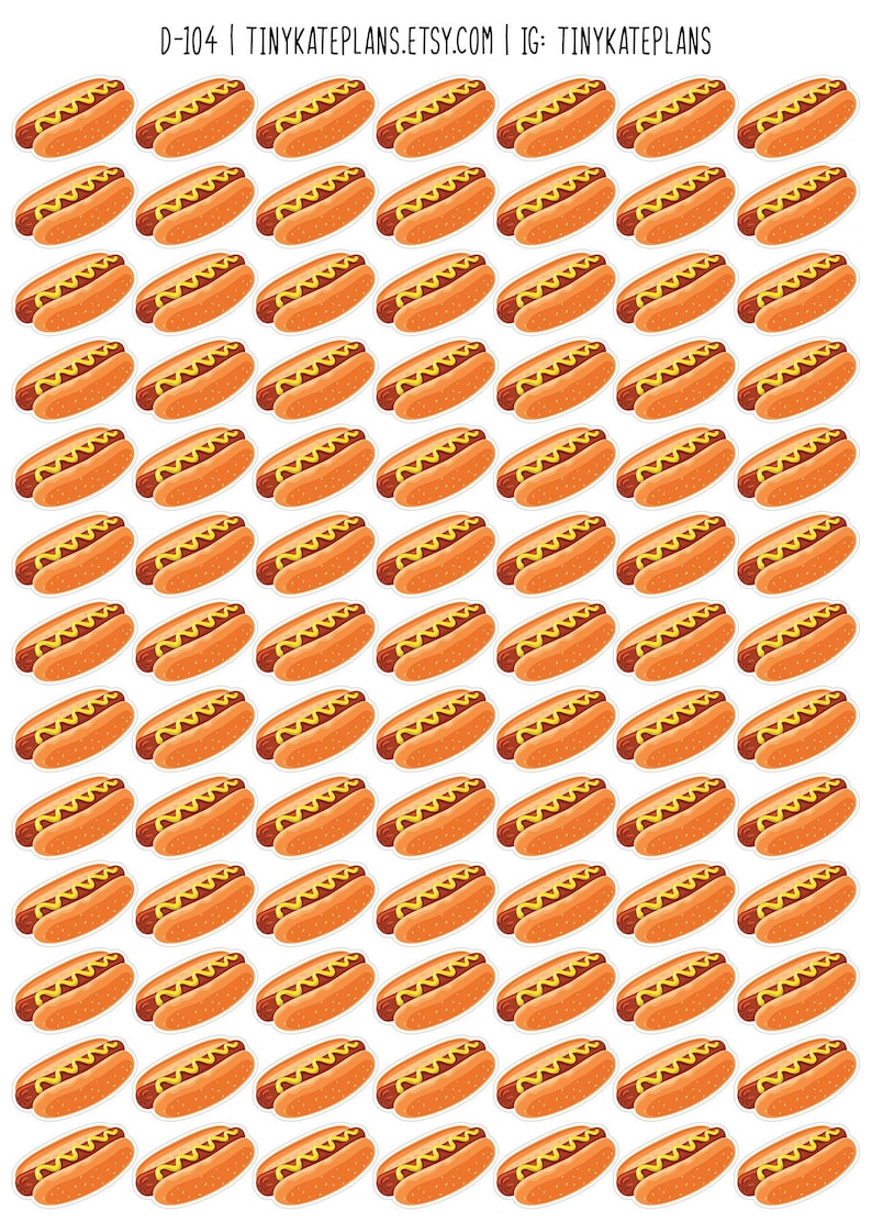 May include: A sheet of 64 hot dog stickers. Each sticker features a cartoon hot dog with mustard on a white background.