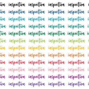 May include: A sheet of colorful stickers with the word "inspection" written in a handwritten font. The stickers are in various colors, including black, blue, green, yellow, orange, red, pink, and purple.