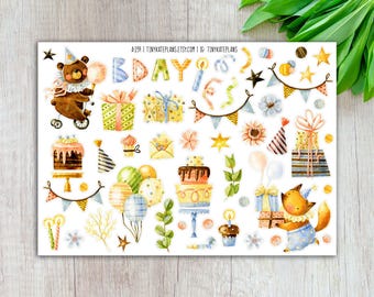 Aquarell Birthday Pals Geburtstags-Sticker, kleine Planer-Aufkleber für Waldtiere, monatliche Aufkleber, Waldtier-Bjo-Sticker. A-239