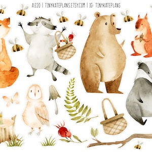 Stickers animaux aquarelle Woodland Friends, stickers cerf, stickers lapin, sticker hérisson Bujo, automne douillet. A-220