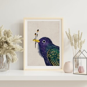 European Starling Bird Art Print, Cute Black Bird Art Print, Bird Art Print, Starling Illustration Print, Starling Art Wall Decor. AP-130