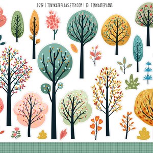May include: A collection of colorful tree stickers in various shapes and sizes. The stickers feature trees with green, yellow, orange, pink, and red foliage. The text "TinyKatePlans.etsy.com" is visible.