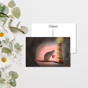 Carte postale aquarelle rat bibliothécaire, impression carte postale animal pour Postcrossing, carte postale correspondant souris, cartes postales fantaisistes animaux de la forêt. AC-106