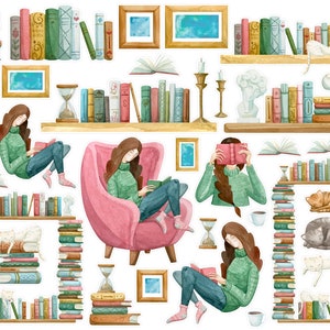 Adesivi per pianificatore di gatti e libri ad acquerello, adesivi per pianificatore di lettura, adesivi per diario di proiettili di gatti carini, adesivi Bujo di gatti divertenti. T-164