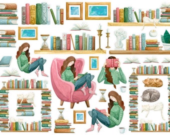 Könnte beinhalten: Aquarell-Illustrationen von Menschen, die Bücher lesen, mit Bücherstapeln, einer Katze und einem Bücherregal. Die Illustrationen sind im skurrilen Stil gehalten und zeigen eine Vielzahl von Farben, darunter Rosa, Grün, Blau und Braun.