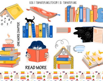 Könnte beinhalten: Eine Sammlung von Aufklebern zum Thema Bücher. Die Aufkleber zeigen Bücherstapel, offene Bücher mit Buchstaben und Schmetterlingen, eine Katze auf Büchern und eine lesende Person. Die Aufkleber sind in Gelb-, Blau-, Orange- und Schwarztönen gehalten.