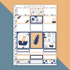 May include: A printable planner sticker sheet with a cat theme. The stickers feature a cat in a basket, a leaf, and a cat with a fishbone. The stickers are in shades of blue, orange, and white.