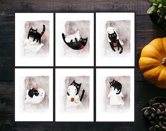 Black Cat & Ghost Postcard Set, Cute Postcard Print For Postcrossing, Halloween Penpal Postcard, Black Cat Postcards. AC-223