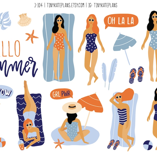 Hello Summer Beach Sea Vacation Planner Stickers, Summer Planner Stickers, Summer Monthly Stickers, Summer Bujo Stickers. J-104